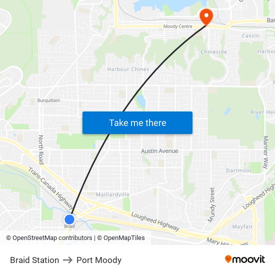 Braid Station to Port Moody map