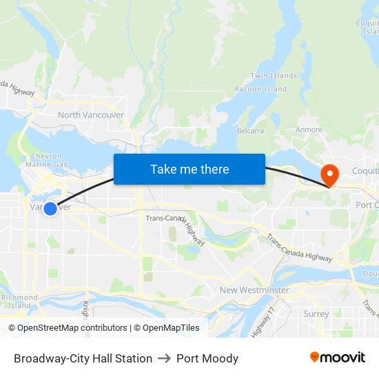 Broadway-City Hall Station to Port Moody map
