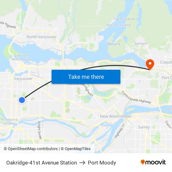 Oakridge-41st Avenue Station to Port Moody map