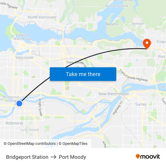 Bridgeport Station to Port Moody map