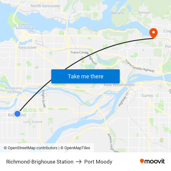 Richmond-Brighouse Station to Port Moody map
