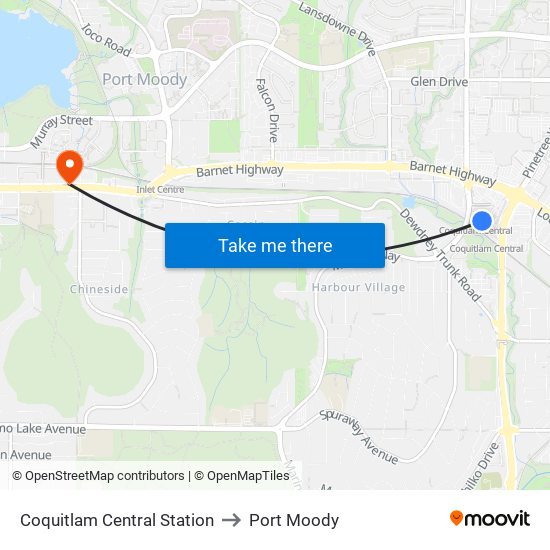 Coquitlam Central Station to Port Moody map