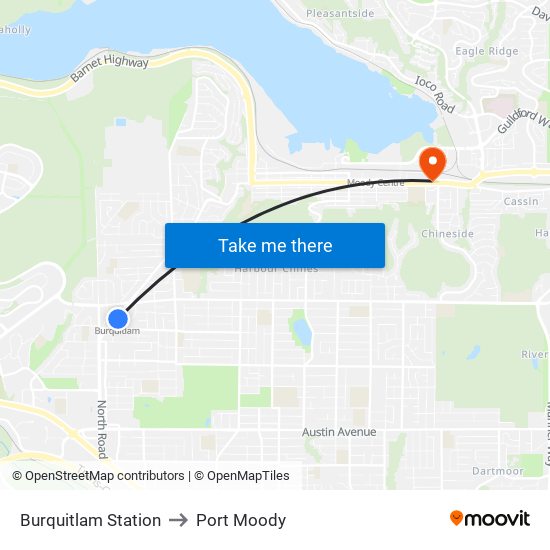 Burquitlam Station to Port Moody map