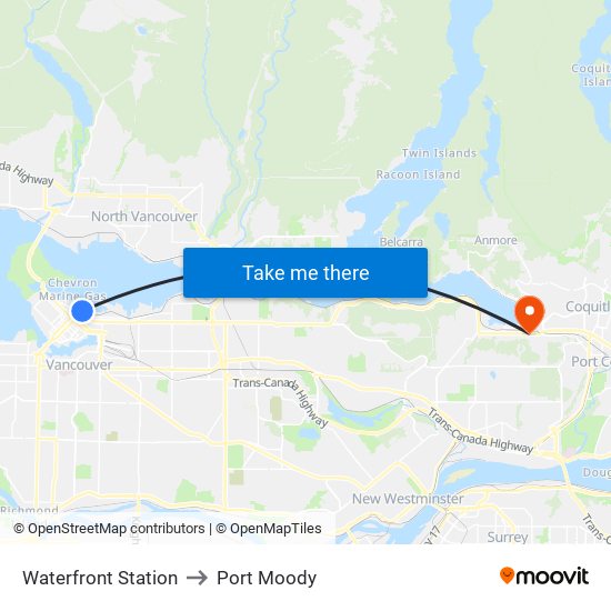 Waterfront Station to Port Moody map