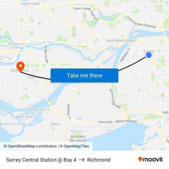 Surrey Central Station @ Bay 4 to Richmond map
