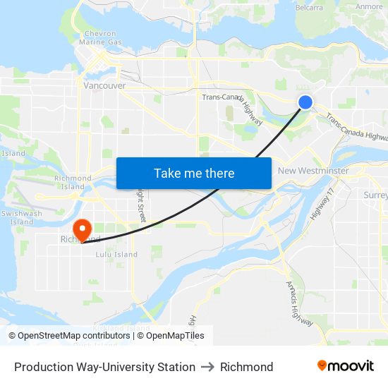 Production Way-University Station to Richmond map