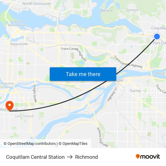 Coquitlam Central Station to Richmond map