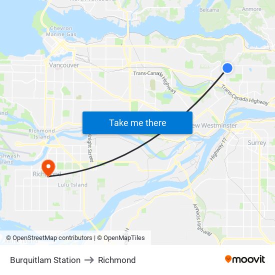 Burquitlam Station to Richmond map