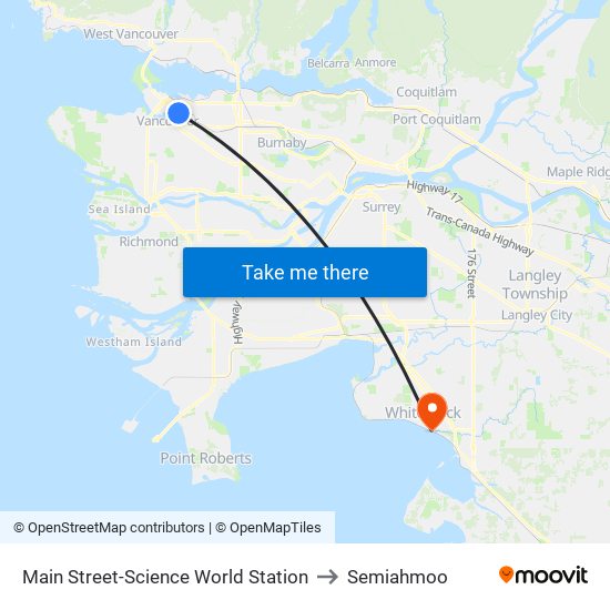 Main Street-Science World Station to Semiahmoo map