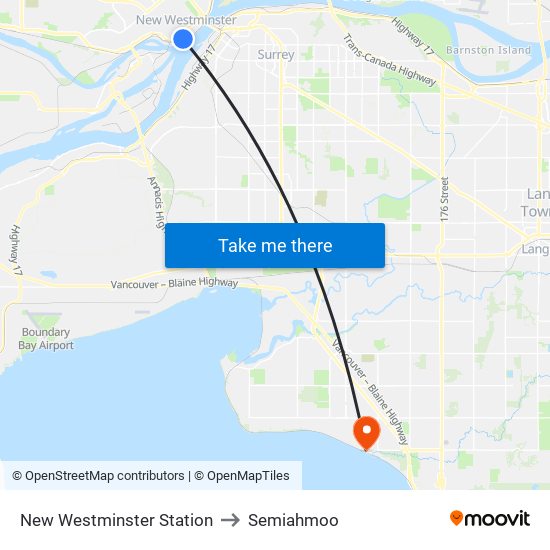 New Westminster Station to Semiahmoo map