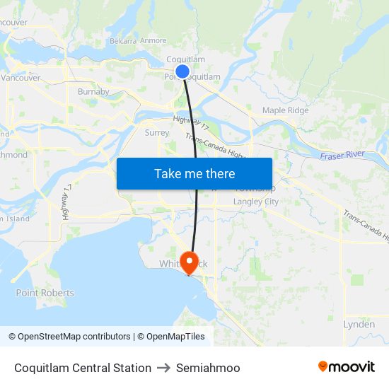Coquitlam Central Station to Semiahmoo map