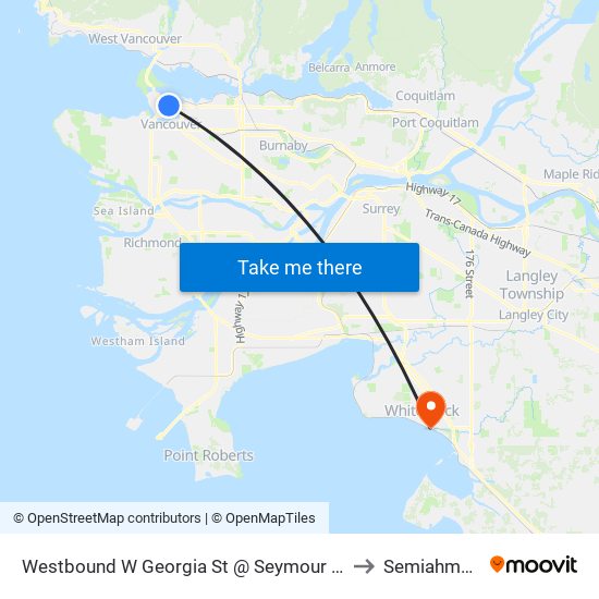 Westbound W Georgia St @ Seymour St to Semiahmoo map