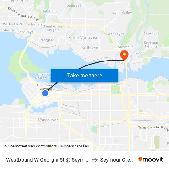 Westbound W Georgia St @ Seymour St to Seymour Creek 2 map