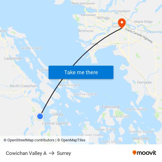 Cowichan Valley A to Surrey map