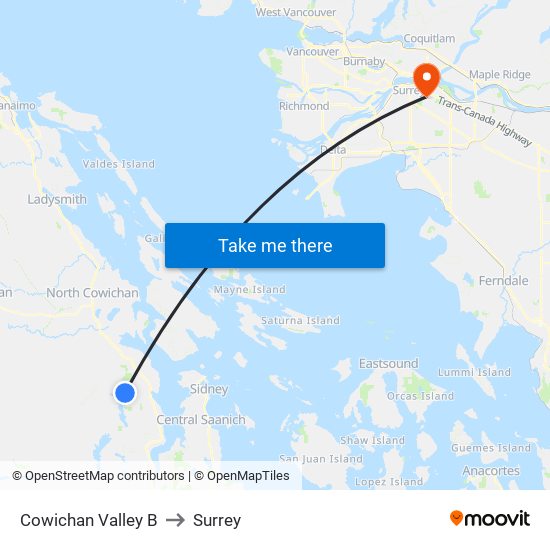 Cowichan Valley B to Surrey map