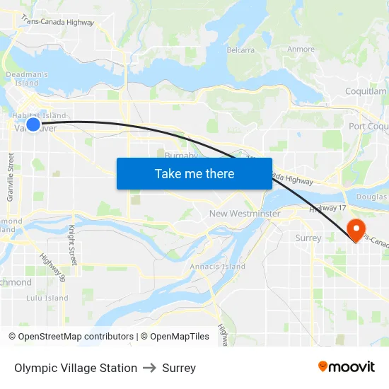 Olympic Village Station to Surrey map