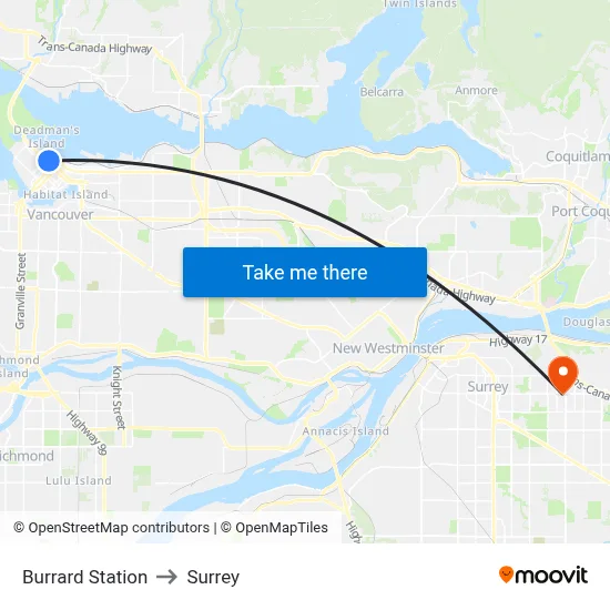 Burrard Station to Surrey map