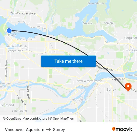 Vancouver Aquarium to Surrey map