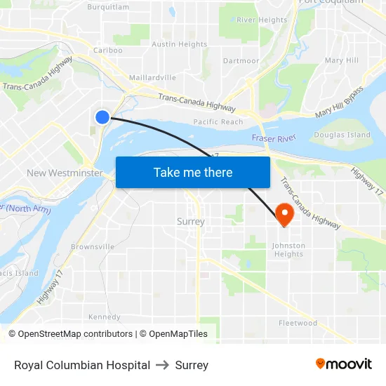 Royal Columbian Hospital to Surrey map