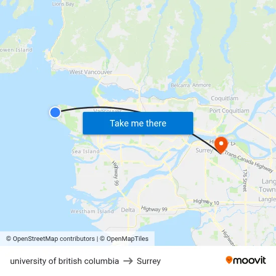 university of british columbia to Surrey map