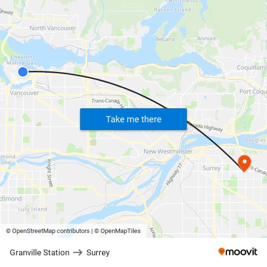 Granville Station to Surrey map