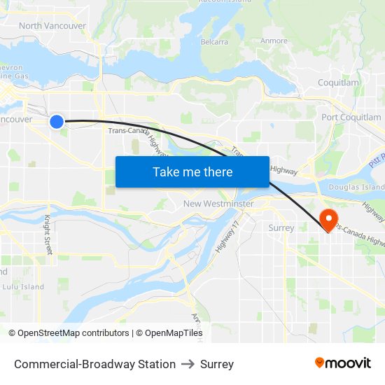 Commercial-Broadway Station to Surrey map