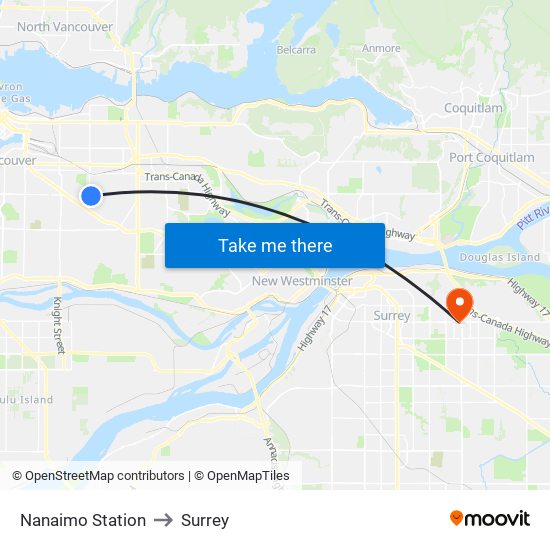 Nanaimo Station to Surrey map
