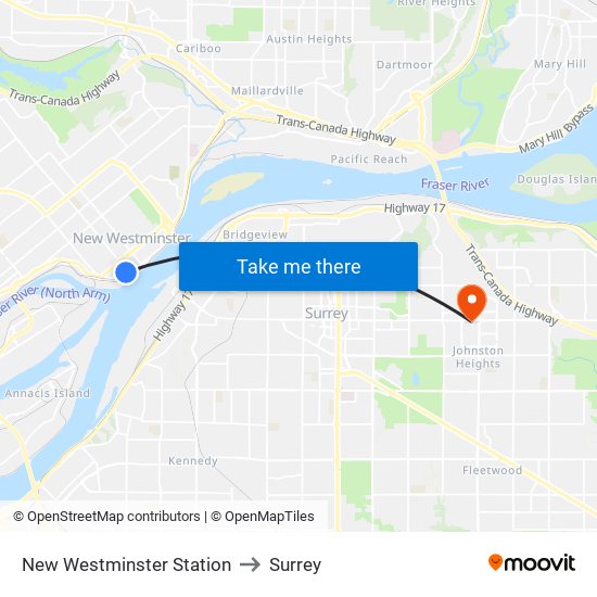 New Westminster Station to Surrey map