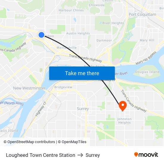 Lougheed Town Centre Station to Surrey map