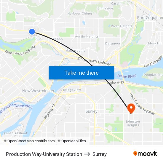 Production Way-University Station to Surrey map