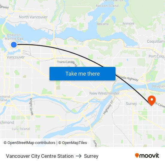 Vancouver City Centre Station to Surrey map