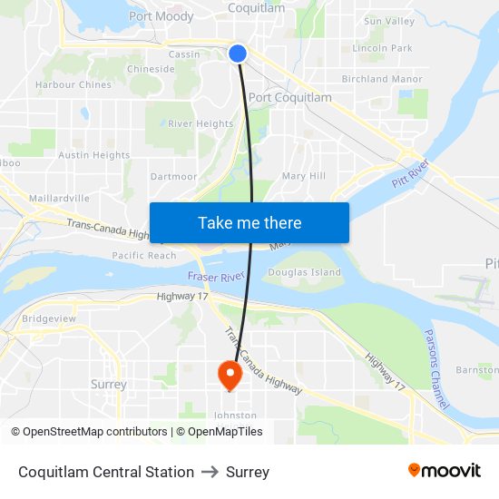 Coquitlam Central Station to Surrey map