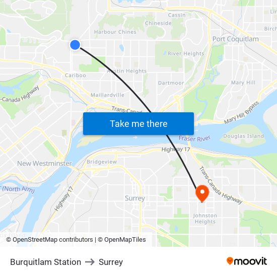 Burquitlam Station to Surrey map