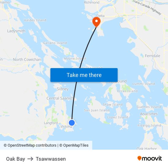 Oak Bay to Tsawwassen map