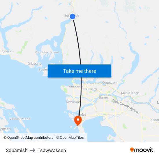 Squamish to Tsawwassen map