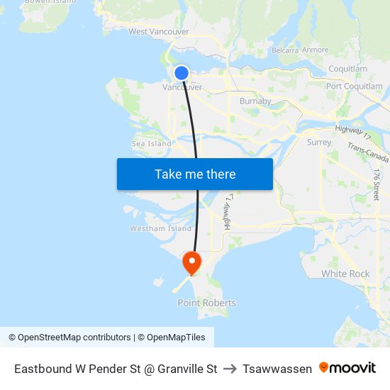 Eastbound W Pender St @ Granville St to Tsawwassen map