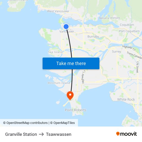 Granville Station to Tsawwassen map