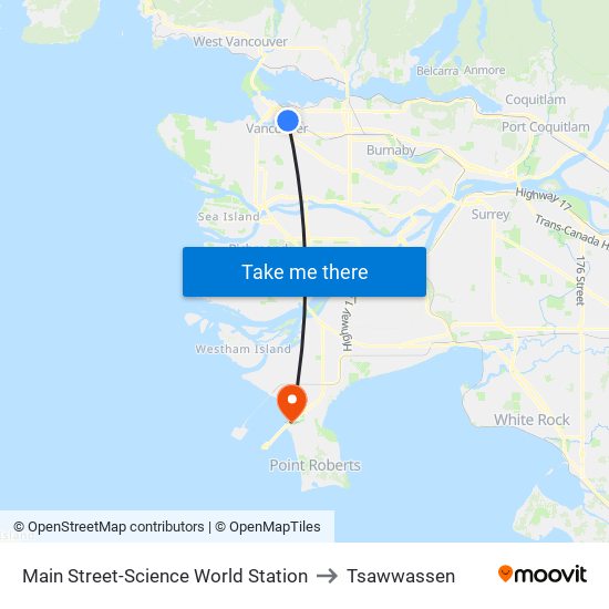 Main Street-Science World Station to Tsawwassen map