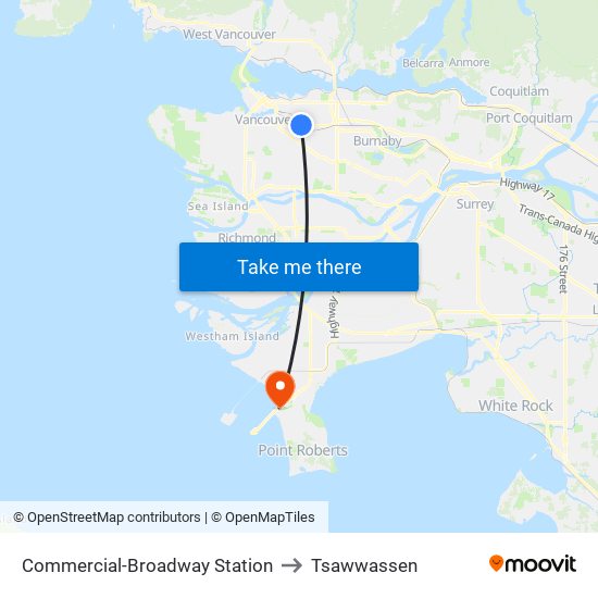 Commercial-Broadway Station to Tsawwassen map