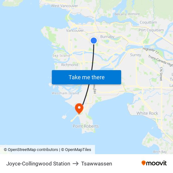 Joyce-Collingwood Station to Tsawwassen map