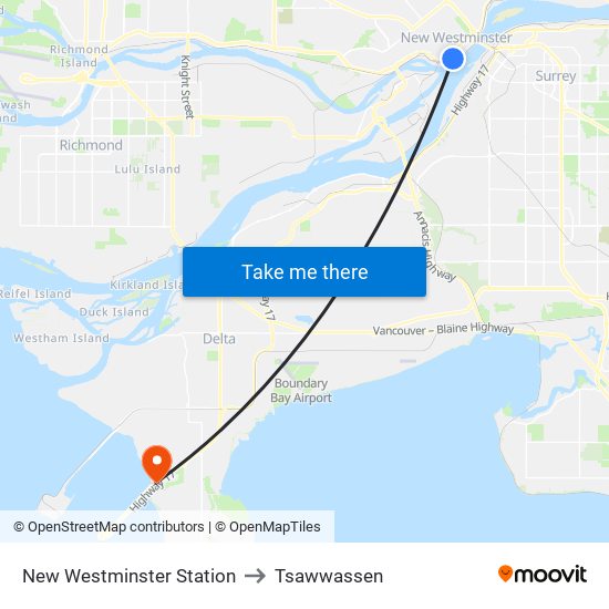 New Westminster Station to Tsawwassen map