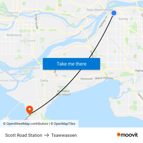 Scott Road Station to Tsawwassen map