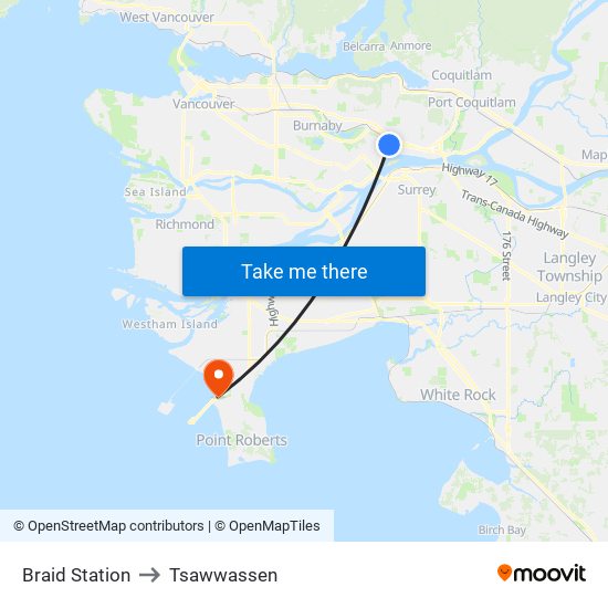 Braid Station to Tsawwassen map