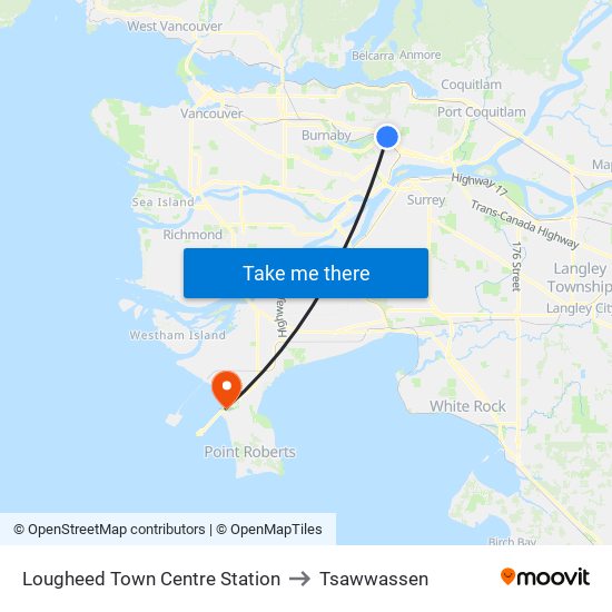 Lougheed Town Centre Station to Tsawwassen map