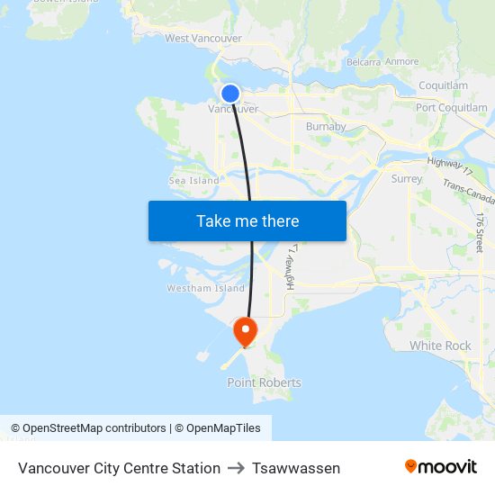 Vancouver City Centre Station to Tsawwassen map
