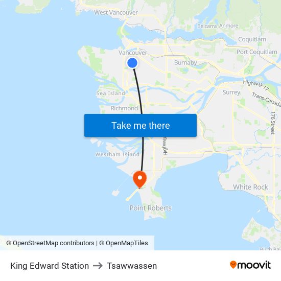 King Edward Station to Tsawwassen map