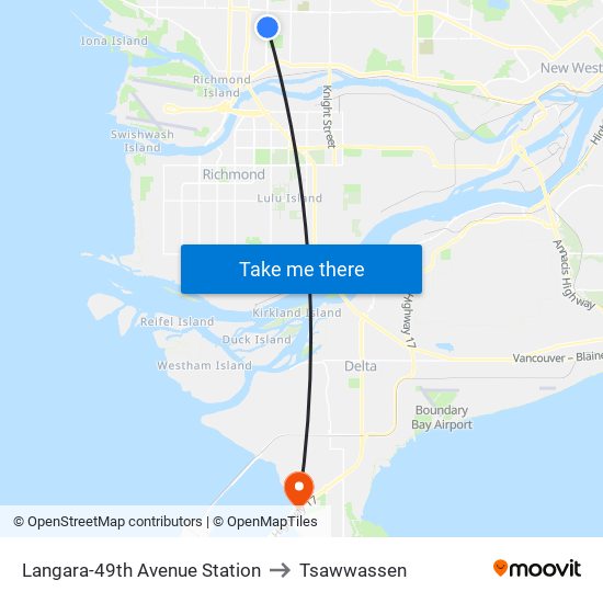 Langara-49th Avenue Station to Tsawwassen map
