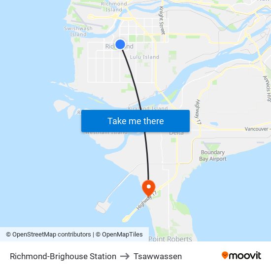 Richmond-Brighouse Station to Tsawwassen map