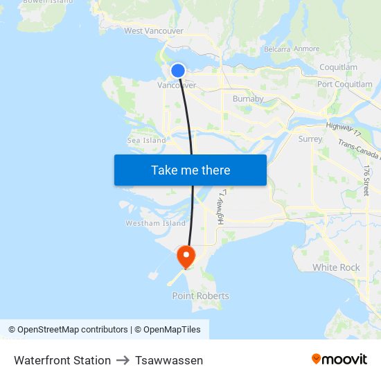 Waterfront Station to Tsawwassen map