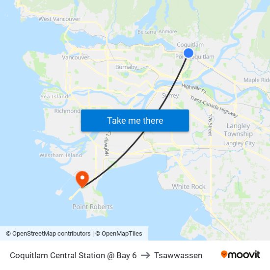 Coquitlam Central Station @ Bay 6 to Tsawwassen map